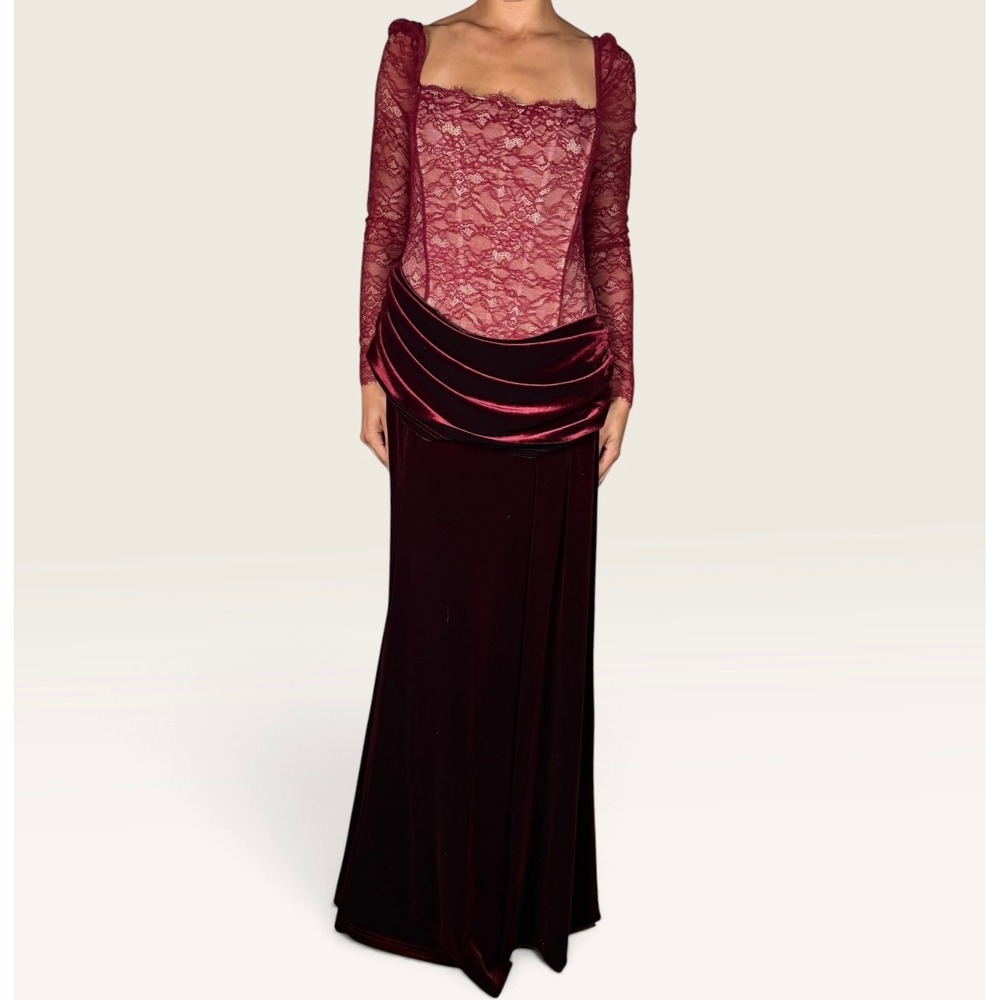 Club L London Finesse Burgundy Lace And Velvet Square-Neck Maxi Dress US 8 NWT